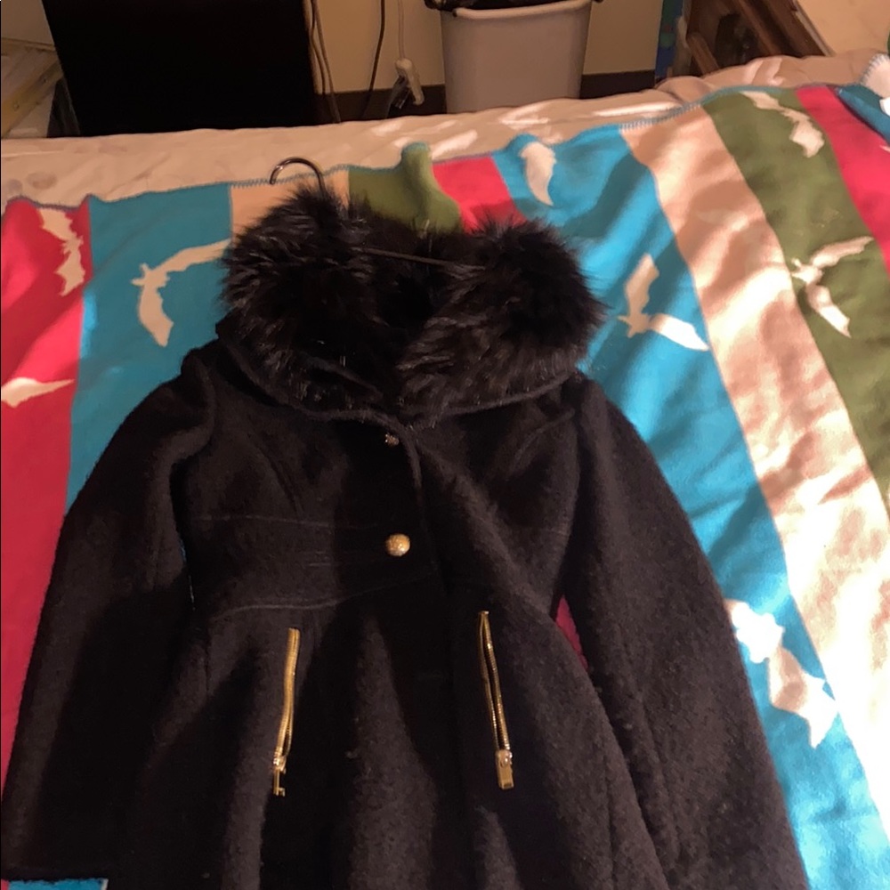 Guess Black Teddy Jacket with Fur Trim